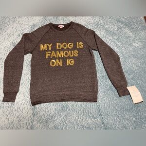 NWT Bow & Drape Women’s SZ M Sweatshirt Gold Sequins Dark Gray Stretch Soft LS